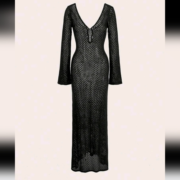 Women's Sexy Black Chest Hollow Knitted See-Through Long Cover Up Dress - Picture 3 of 4